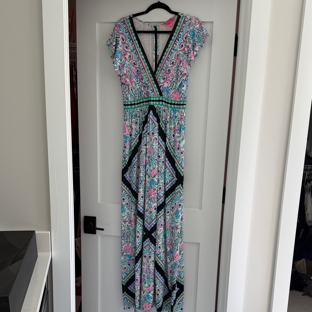 Lilly Floral Print V-Neck Maxi Dress in Pink and Teal